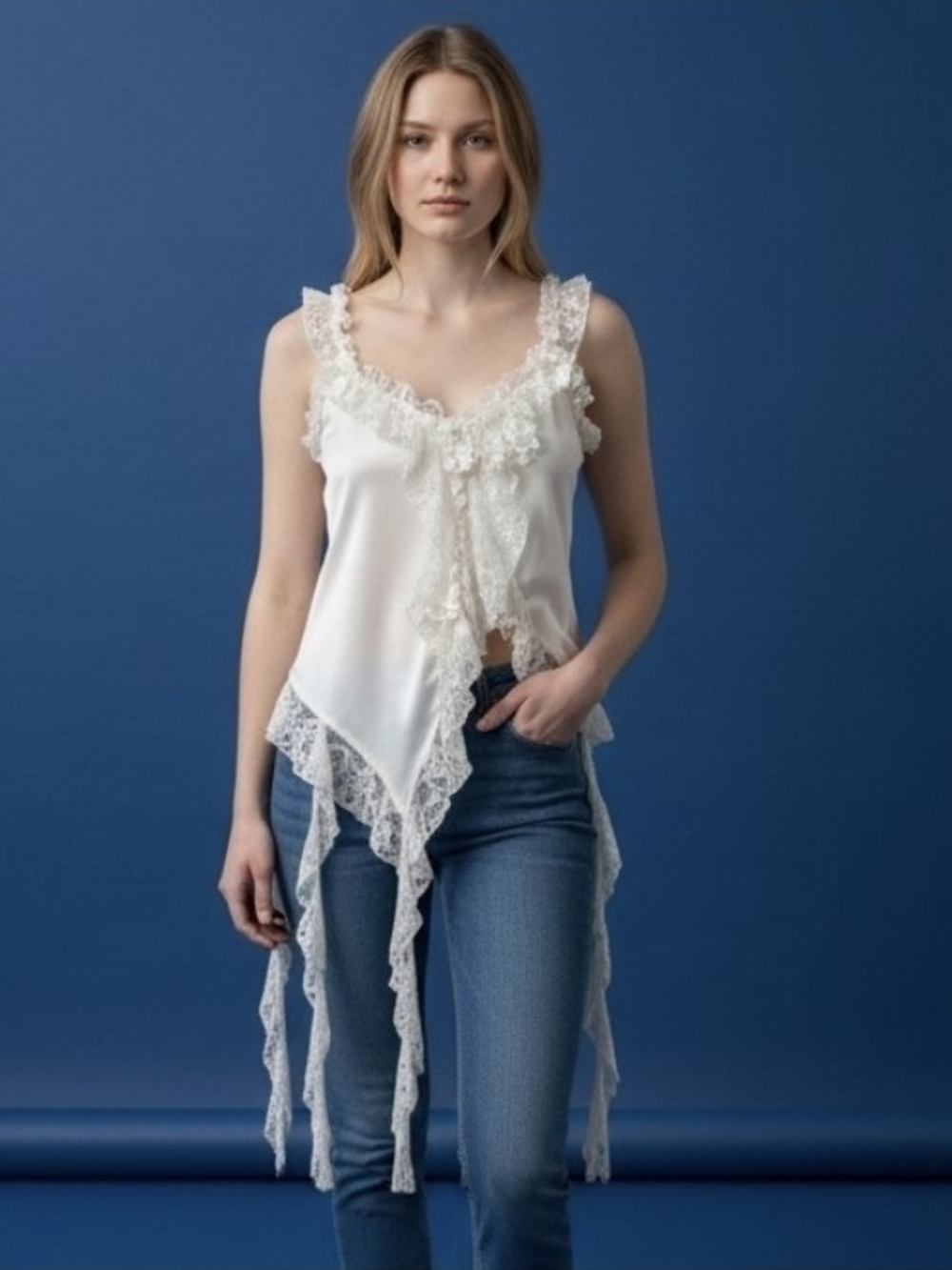 SHEIN Ivory Lace-Trim Satin Camisole